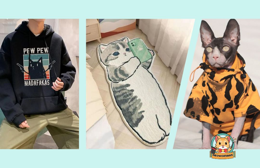 coolest cats product like Cat themed gifts, cat clothing, cat rug and cat hoodie for cat lover | meowgicians