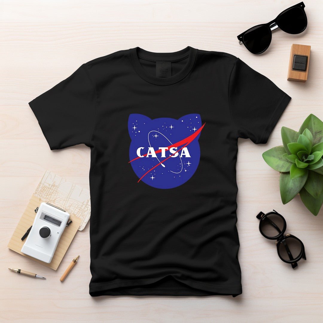 nasa logo inspired black t-shirt printed with catsa words for cat lovers