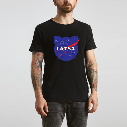 space topic cat themed t-shirt for men with catsa words printed on it