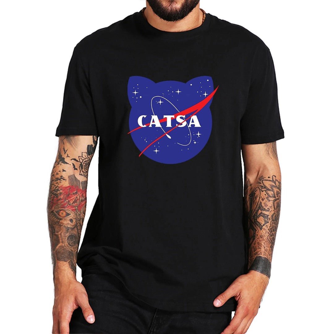 cat lover's space themed t-shirt printed with catsa words