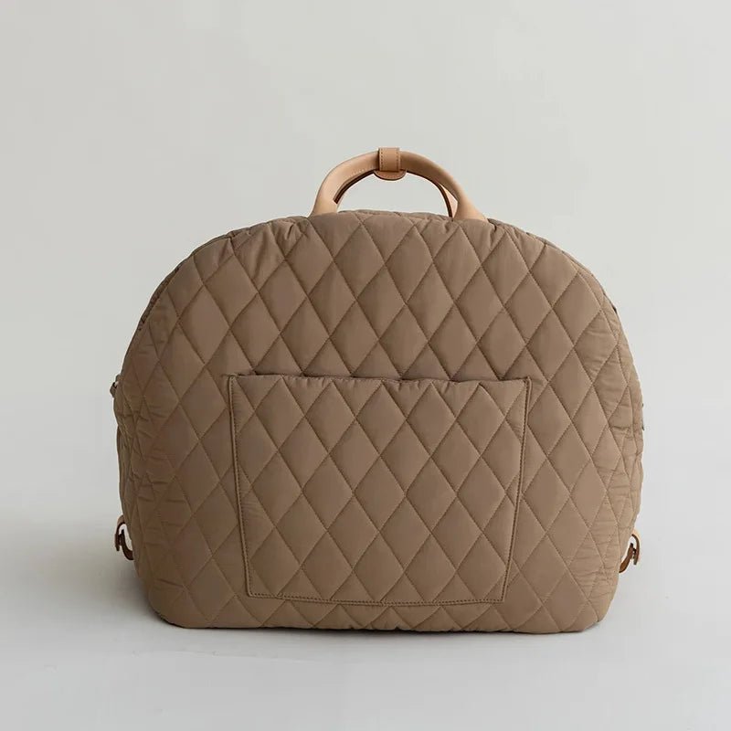 Sophisticated brown luxury cat carrier with modern diamond quilting that is so fashionable and unique 