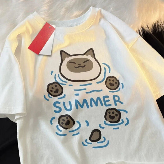 'Cooling Summer Bath' - Cotton Cat Cartoon T-shirt