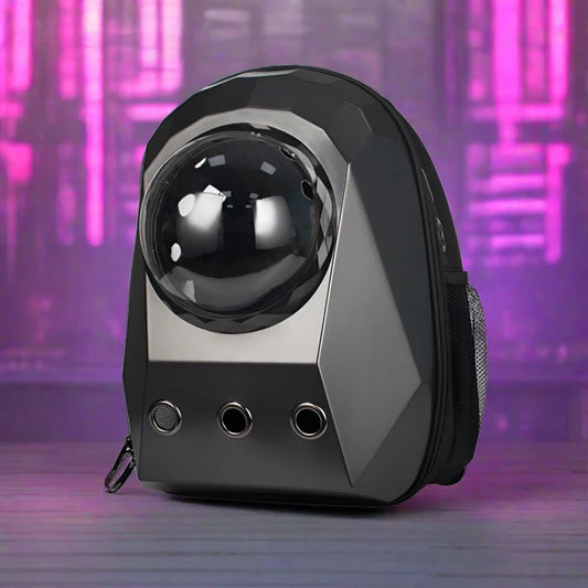 a futuristic design cat carrier backpack that looks has cyberpunk style design