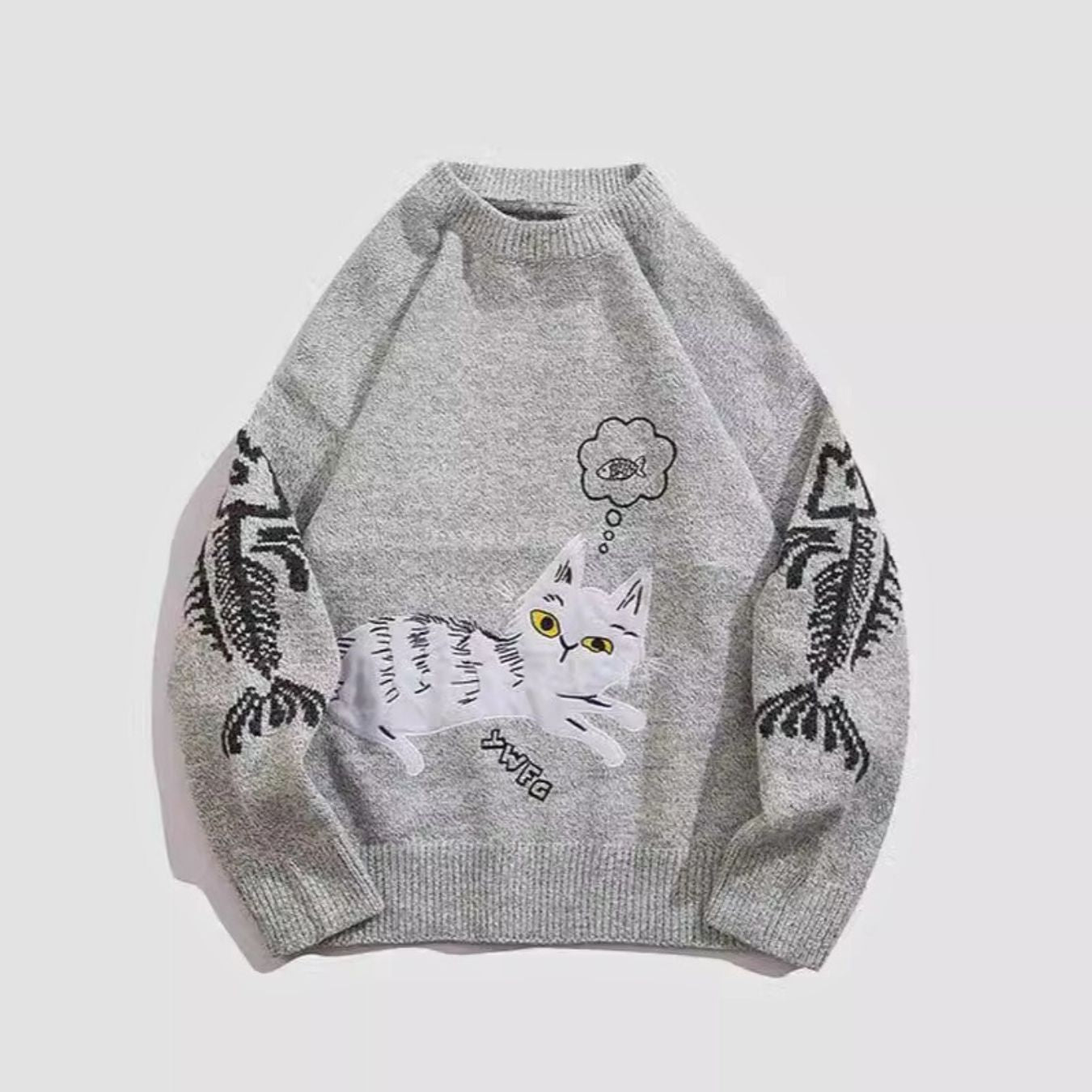 Gray 'Fish Dreaming Cat' sweatshirt with yellow-eyed cat design and fish details