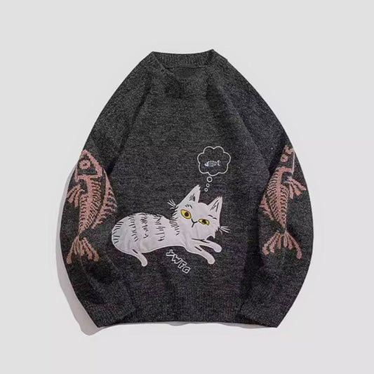 black sweatshirt with a relaxed, streetwear feel and trendy embroidered cat and fish.
