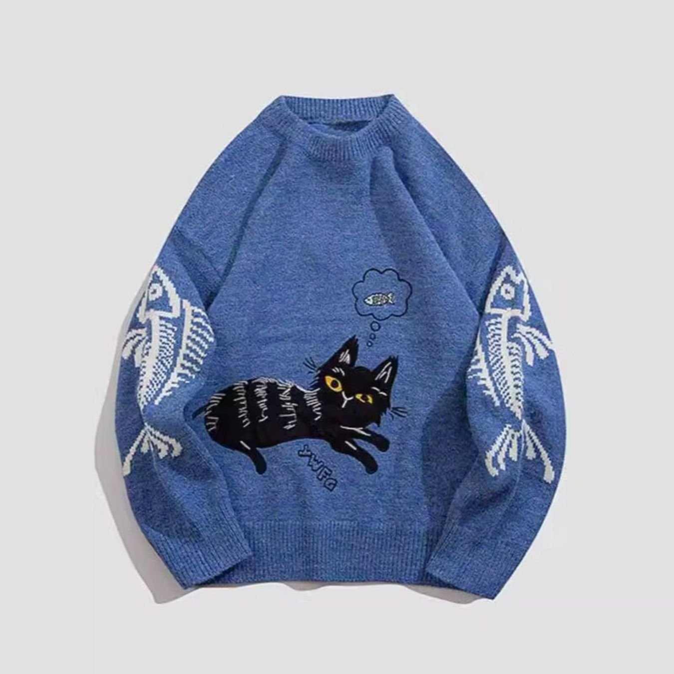 Meowgicians Cool Cat Sweatshirt Cat Inspired Streetwear with Embroidered Fish Blue M