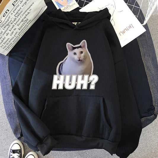 viral huh cat printed on a black color hoodie that looks so hilarious