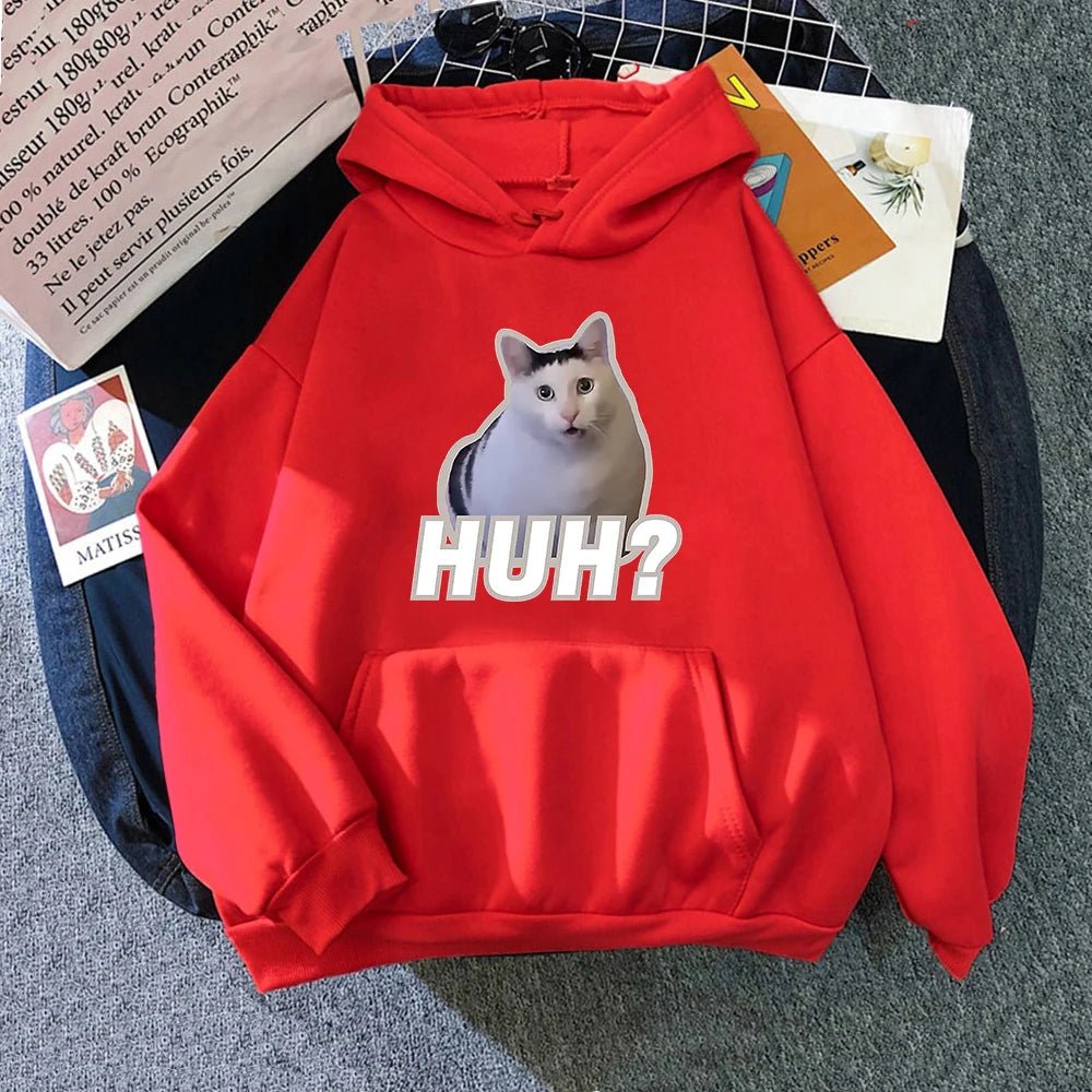 huh cat meme print hoodie in red color