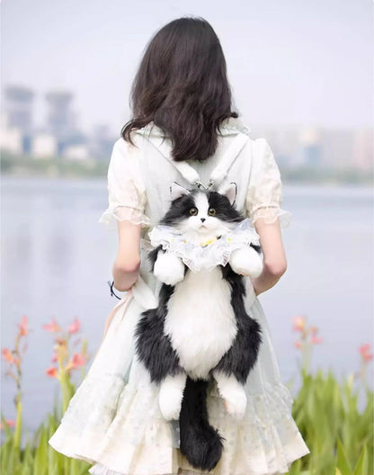 girl carrying a cow cat breed backpack that is extremely realistic that looks like a real cat with plushy tail, paws and innocent face