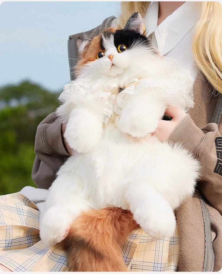 Close-up of Calico cat backpack, showing premium handmade details