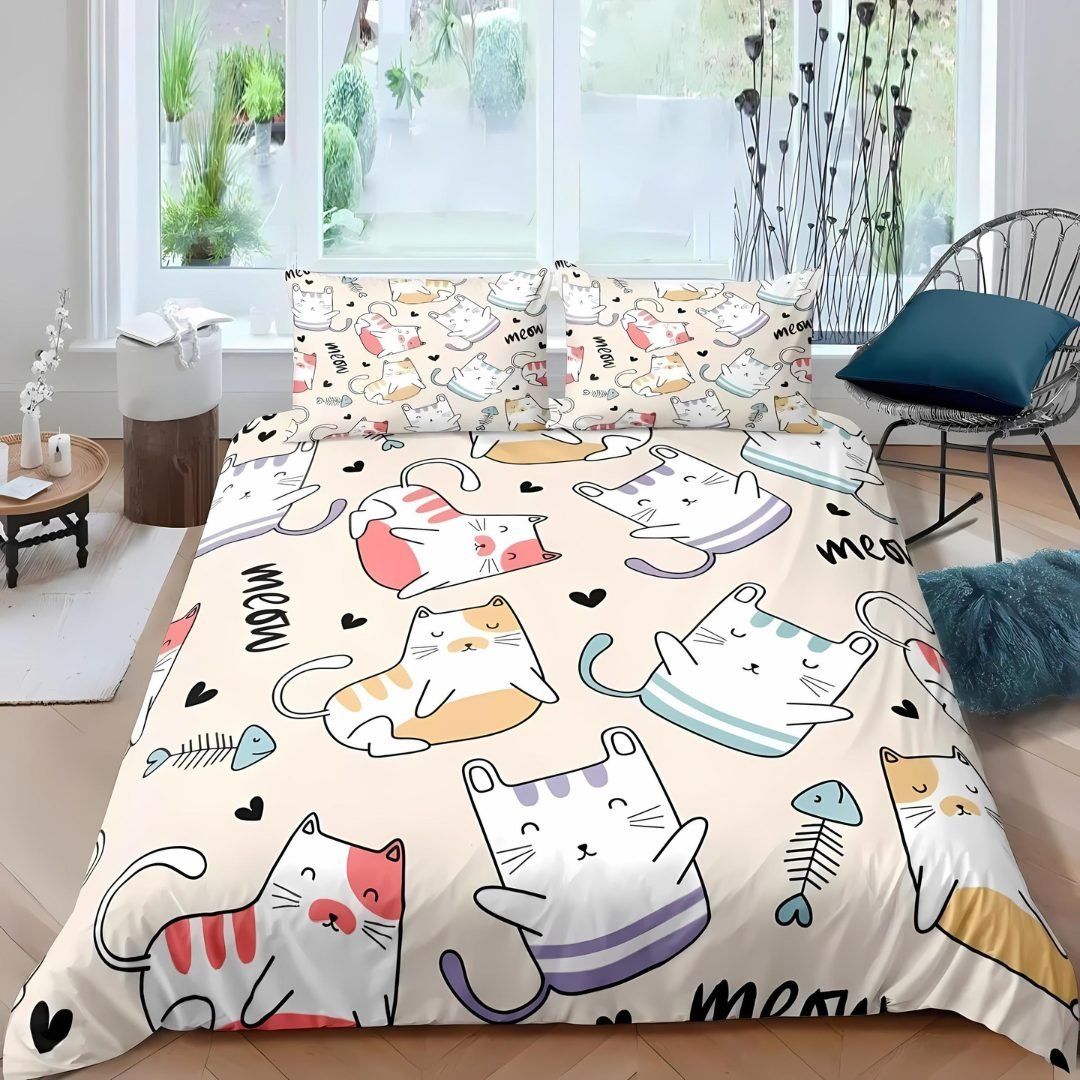 cartoon cat patterm bedding set with duvet cover and pillow case