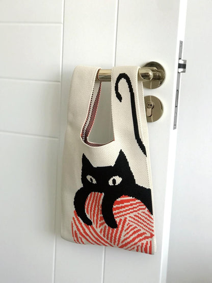 Japanese-Style Knitted Quirky Cat Wrist Bag