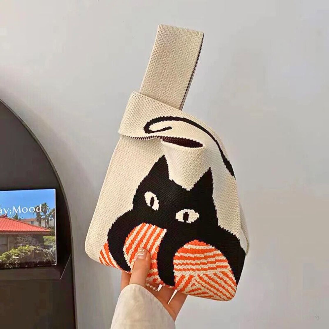 Japanese-Style Knitted Quirky Cat Wrist Bag