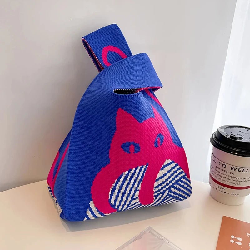 Blue 'Japanese-Style Knitted Cat Wrist Bag' in Traditional Knot Design – front View