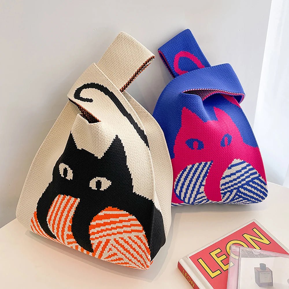 Japanese-Style Knitted Quirky Cat Wrist Bag