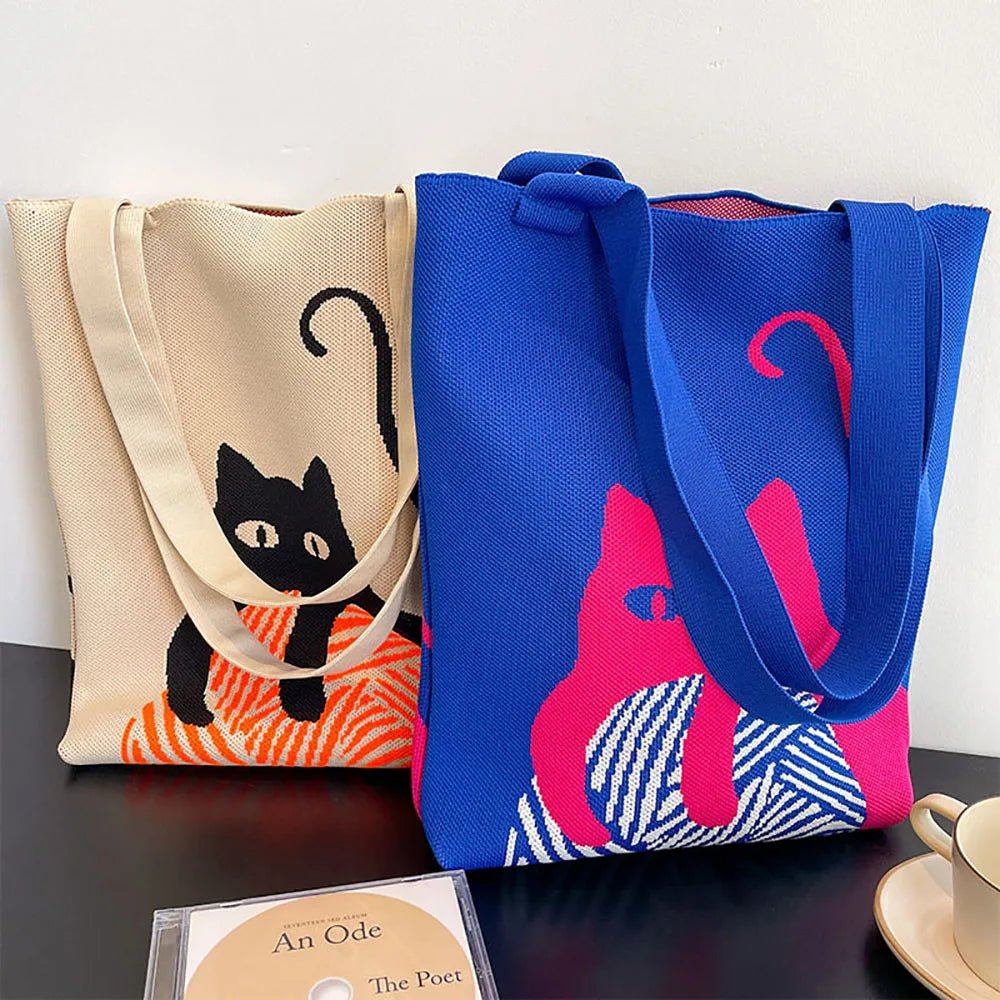 Large Capacity Knit Comical Cat Tote