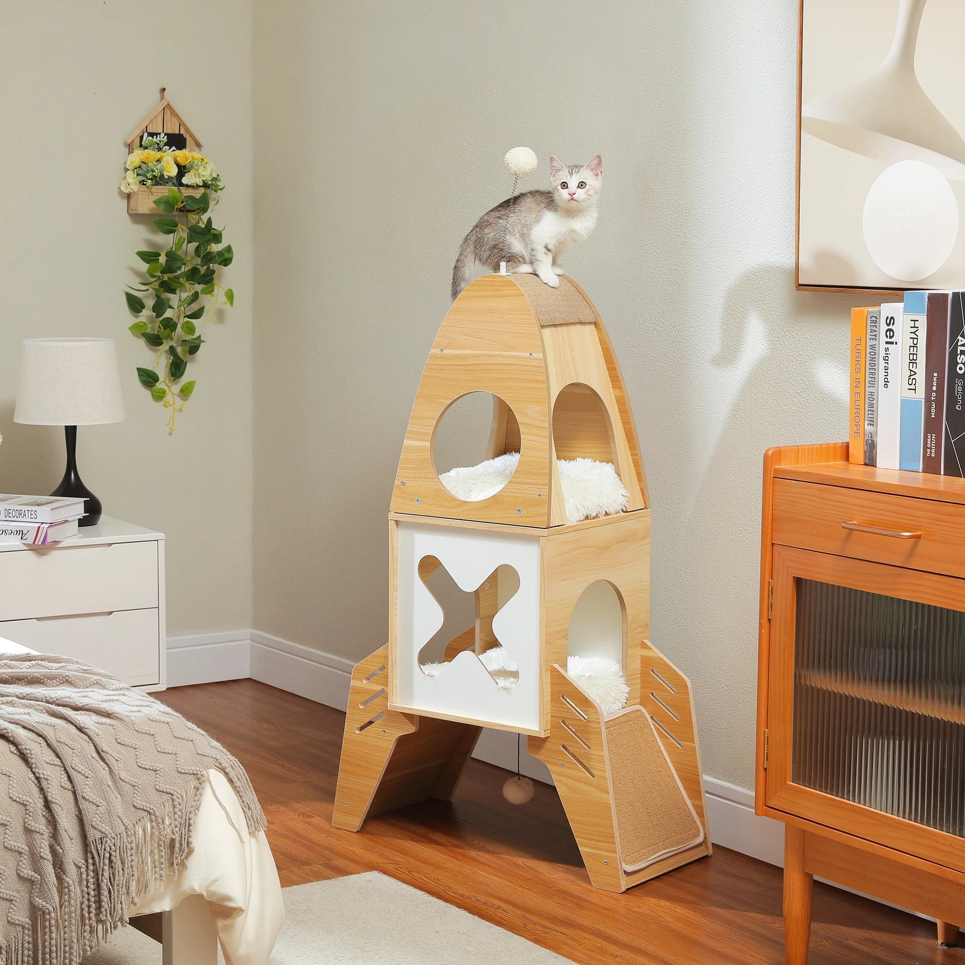 modern design rocket shape cat tree in solid wood material that suit your contemporary home interior