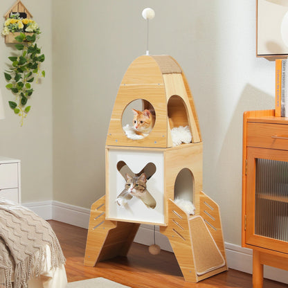 apollo lunar module inspired rocket shape cat tree in solid wood material