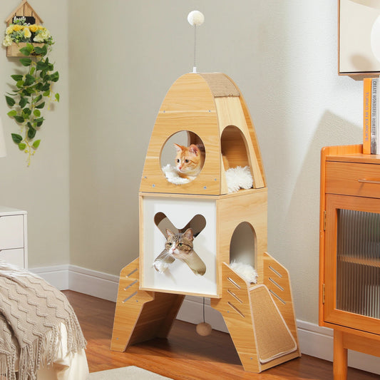 apollo lunar module inspired rocket shape cat tree in solid wood material