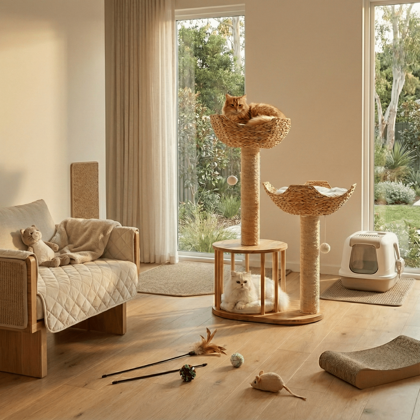 Luxury Twin Basket Cat Tree in Boho Style