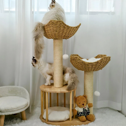 Luxury Twin Basket Cat Tree in Boho Style
