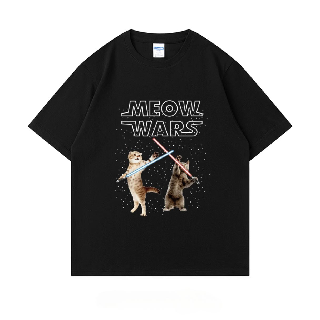 Black Meow Wars t-shirt featuring two cats battling with lightsabers