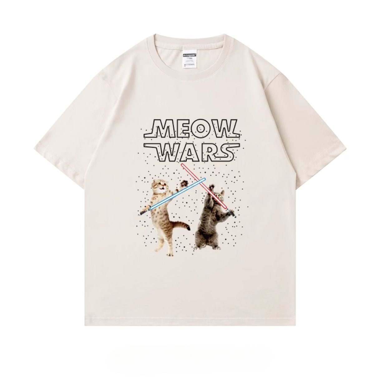 Beige Meow Wars t-shirt with cats in a funny lightsaber duel in the space with stars