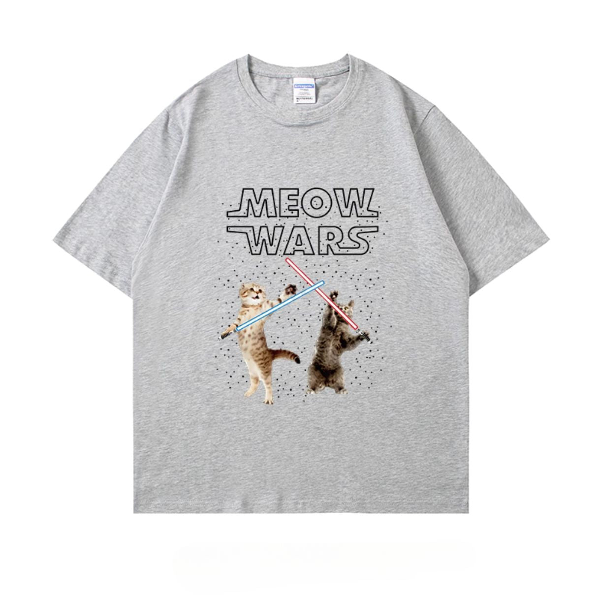 Cats with lightsabers battling on a light gray color t-shirt with “Meow Wars” text