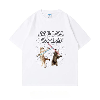 White Meow Wars caption t-shirt featuring a hilarious cat lightsaber fight suitable for men and women