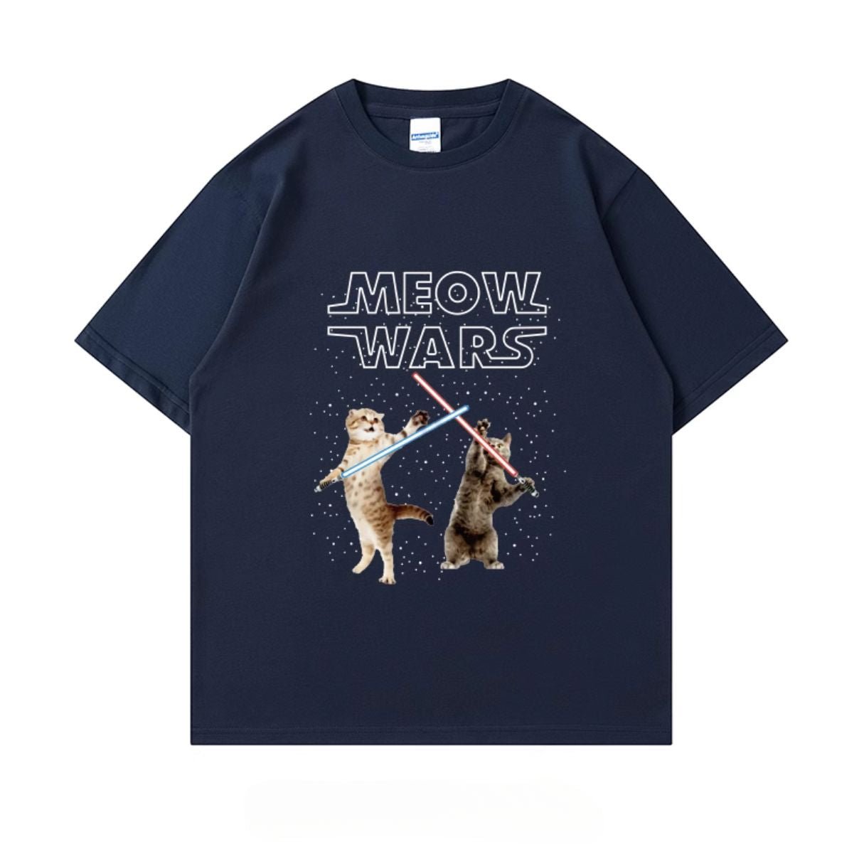 Meow Wars t-shirt in navy, showcasing a playful lightsaber fight between cats with really cool and hilarious vibe