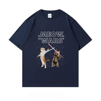 Meow Wars t-shirt in navy, showcasing a playful lightsaber fight between cats with really cool and hilarious vibe