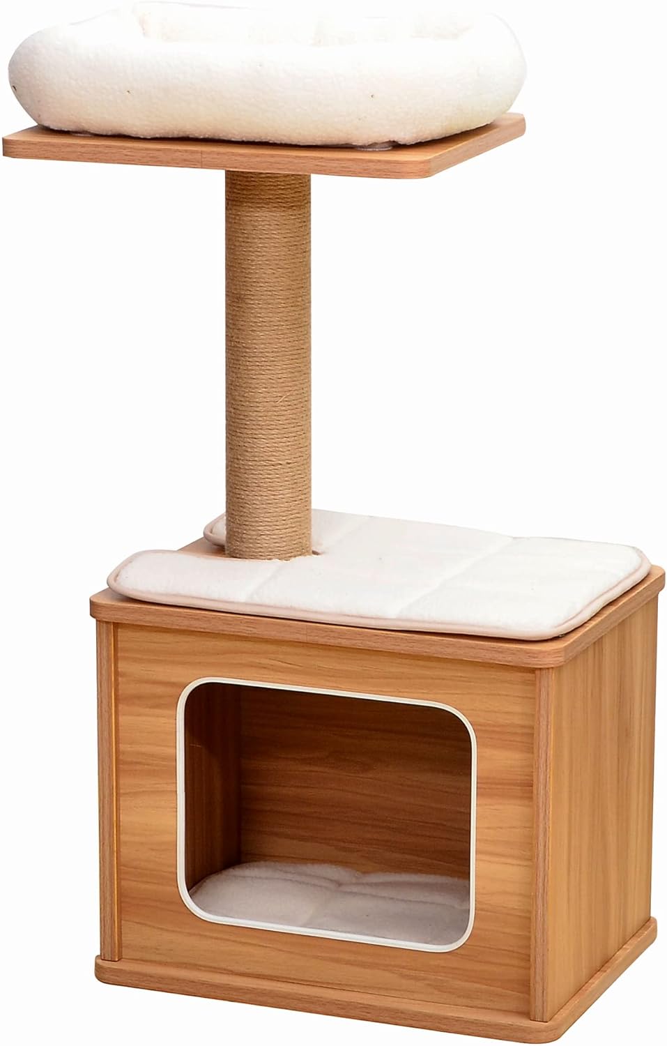 Wooden cat tree with a scratching post and cushion on a white background
