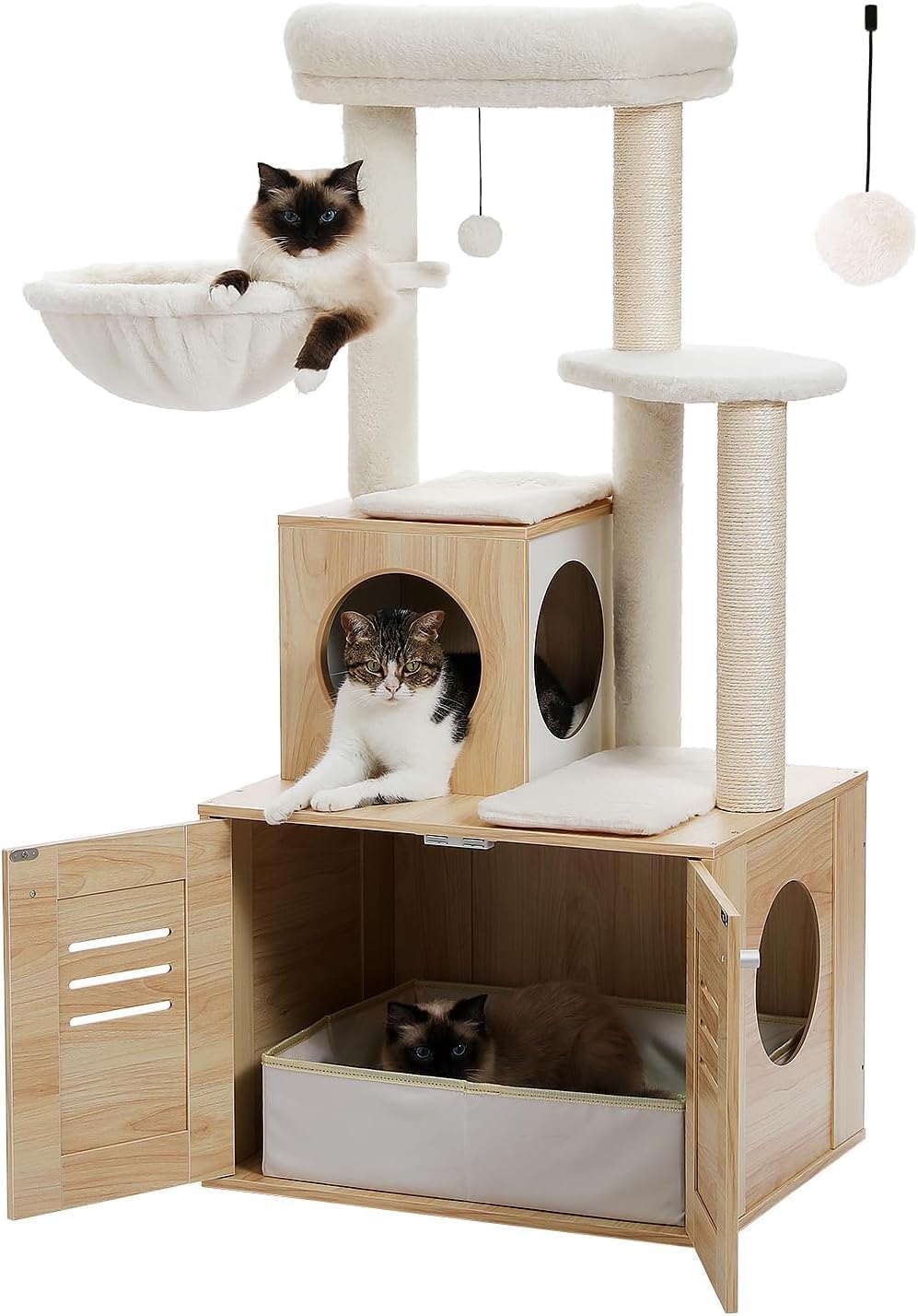 Cat tree with multiple levels and a cat sitting on each level with a hidden litter box slot.