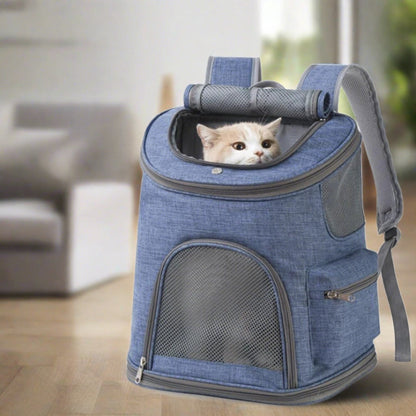 denim color cat carrier with pocket and breathable window