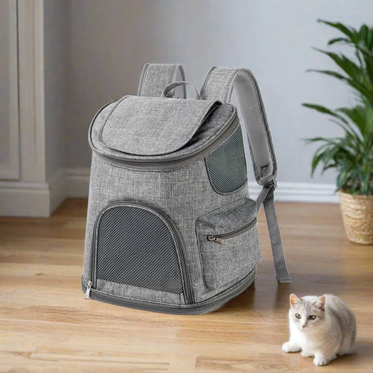 light gray color modern look backpack carrier with breathable mesh window and entrance