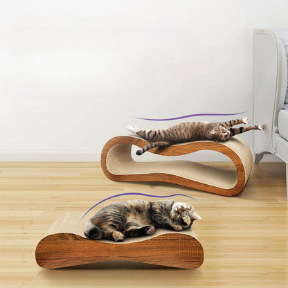 Two cats lounging a modern looking corrugated cardboard cat scratcher pad