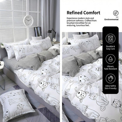 cat Bedding set with cat designs on a bed in a bedroom setting, featuring text about comfort and care.