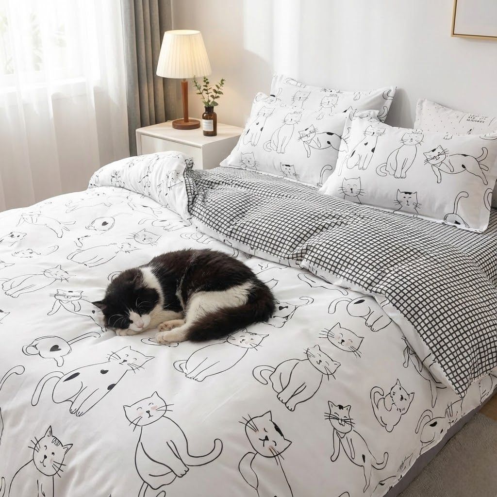 Cat lying on a cozy bed with cat-themed bedding in a bedroom setting