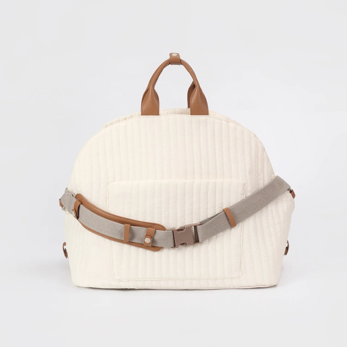 Luxury cat carrier bag in soft beige color with vertical stripe quilting that looks elegant