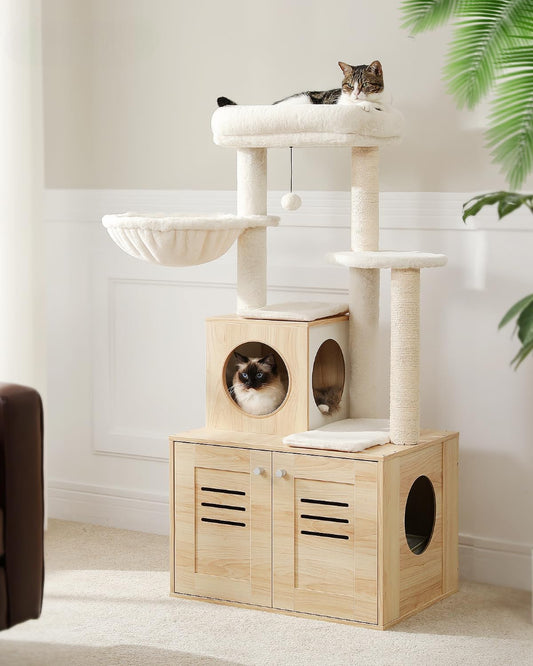 Cat tree with multiple levels and a cat sitting on top in a room, with an enclosed space for litter box.