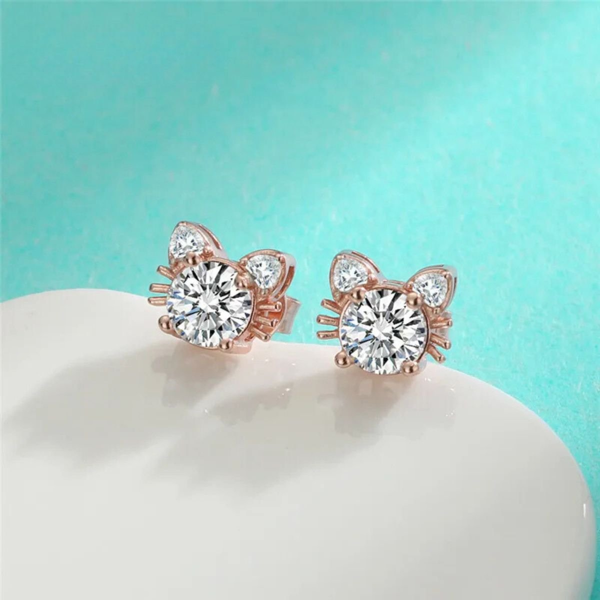 Moissanite Rose Gold Cat Stud Earrings in 925 Sterling Silver