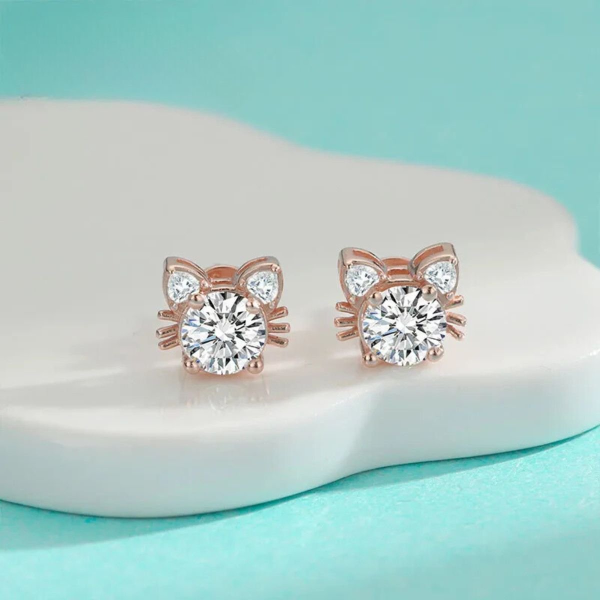 Moissanite Rose Gold Cat Stud Earrings in 925 Sterling Silver