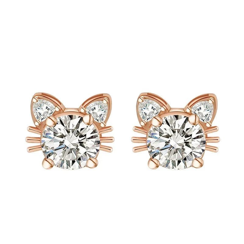 Moissanite Rose Gold Cat Stud Earrings in 925 Sterling Silver