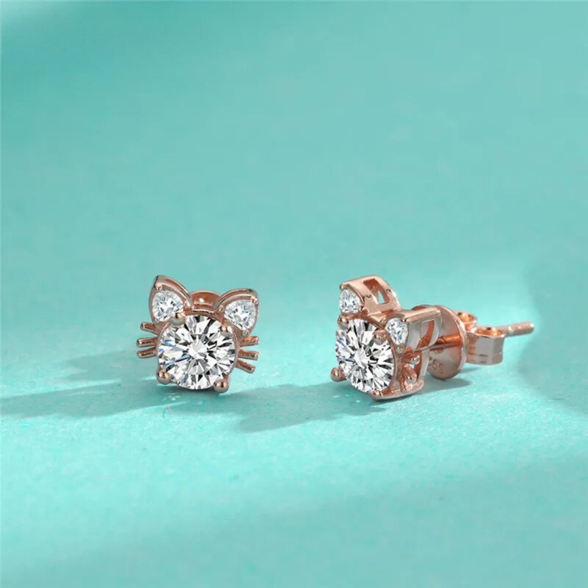 Moissanite Rose Gold Cat Stud Earrings in 925 Sterling Silver