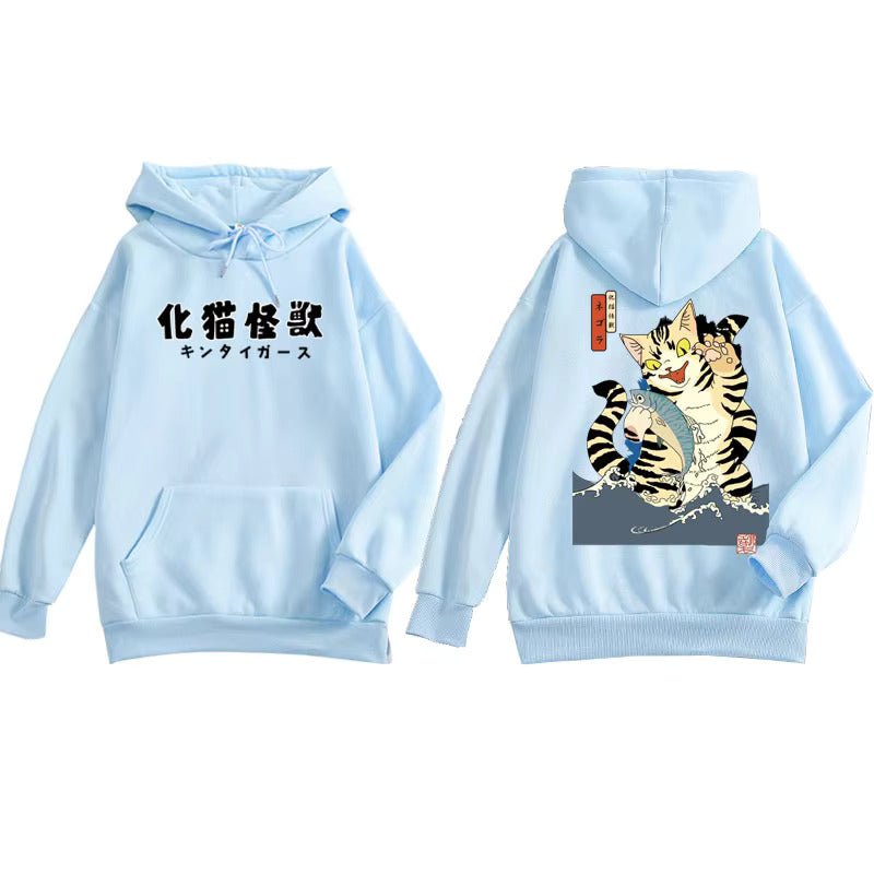 sky blue color hoodie with japanese kanji in front and big monster cat drawing behind