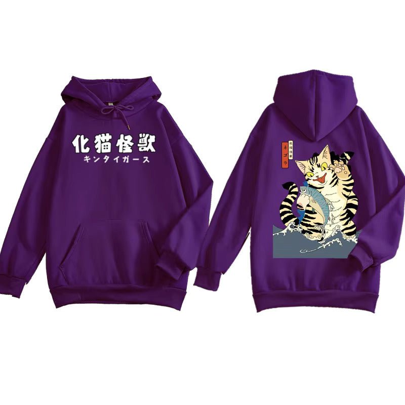 purple hoodie in japanese theme with kanji and comical monster cat drawing