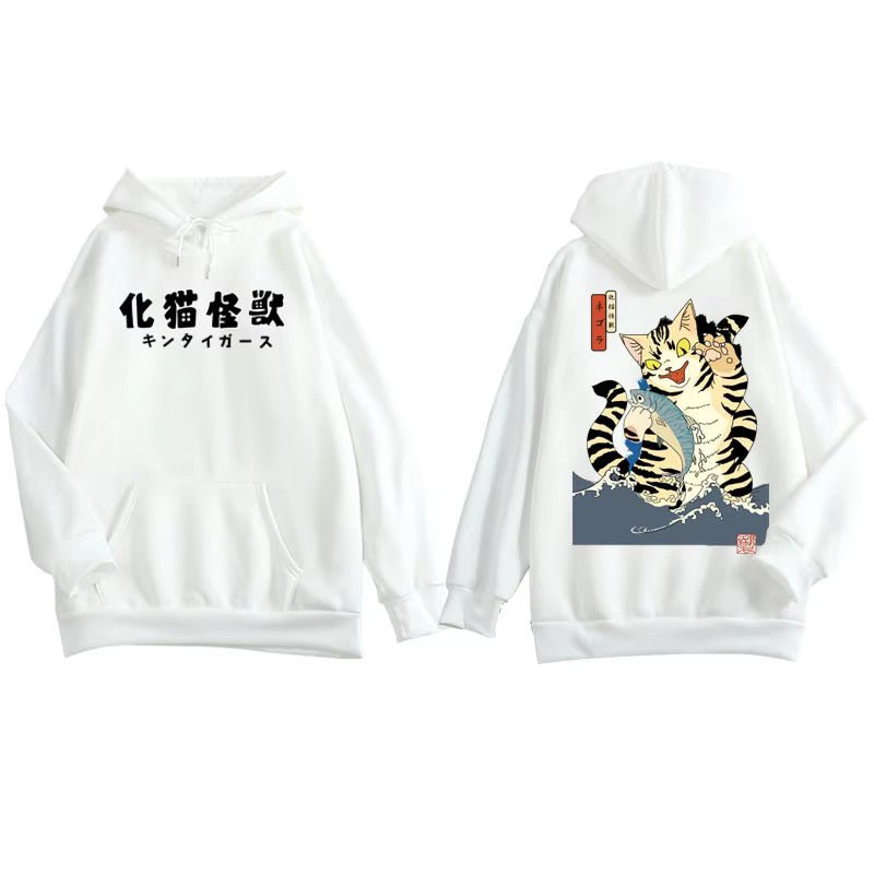 white color japanese style hoodie with a huge monster cat anime behind