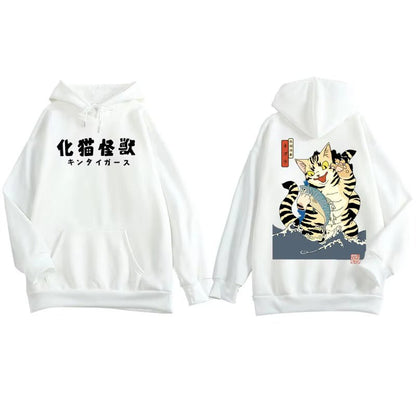 white color japanese style hoodie with a huge monster cat anime behind