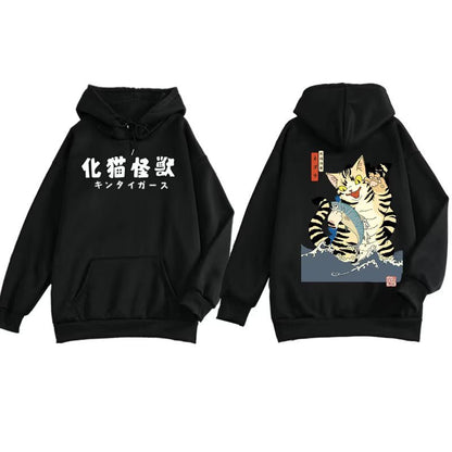 black hoodie in comical style with japanese cat drawing and kanji characters