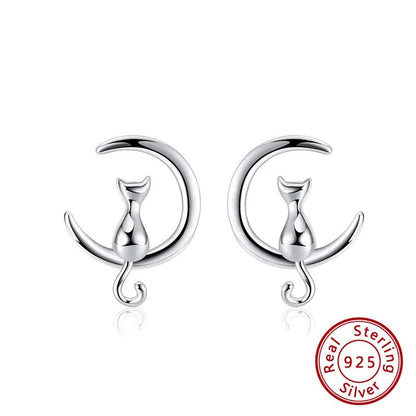 Moon & Cat Sterling Silver Stud Cat Earrings With Simplicity